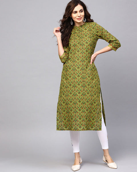 Arayna Women's Cotton Printed Straight Kurti, Floral, Green