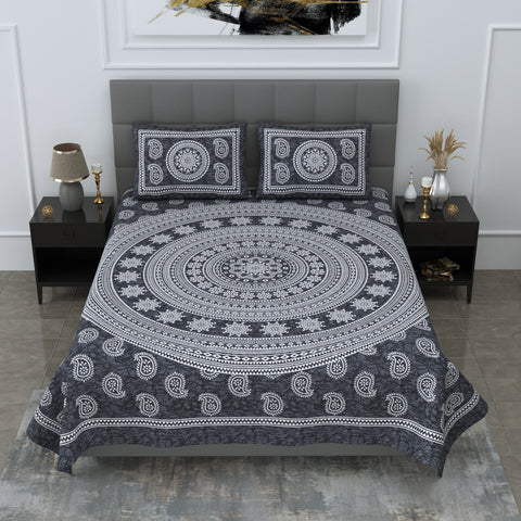 SheetKart Motif Printed 144 TC Cotton Double Bedsheet with 2 Pillow Covers - Grey