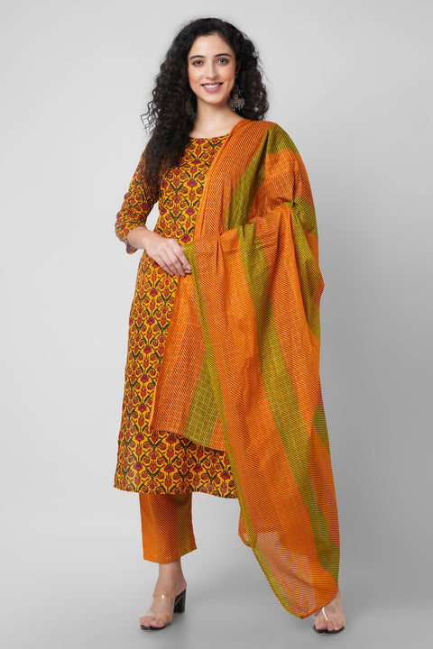 Arayna Women's Cotton Printed Straight Kurti with Palazzo Pants & Dupatta Set